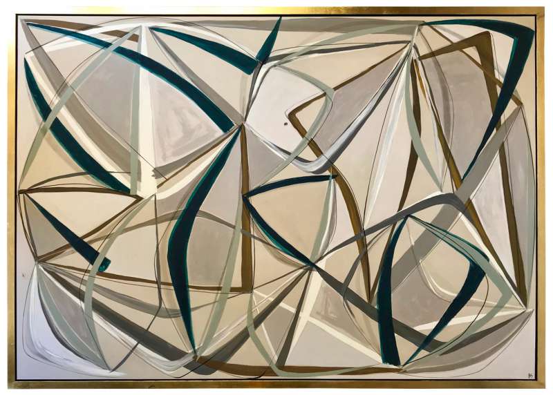 'String Theory in Gesso & Petrel Blue II' Oil & Acrylic on Board in Gold/Bronze Finish Shadow Gap Tray Frame