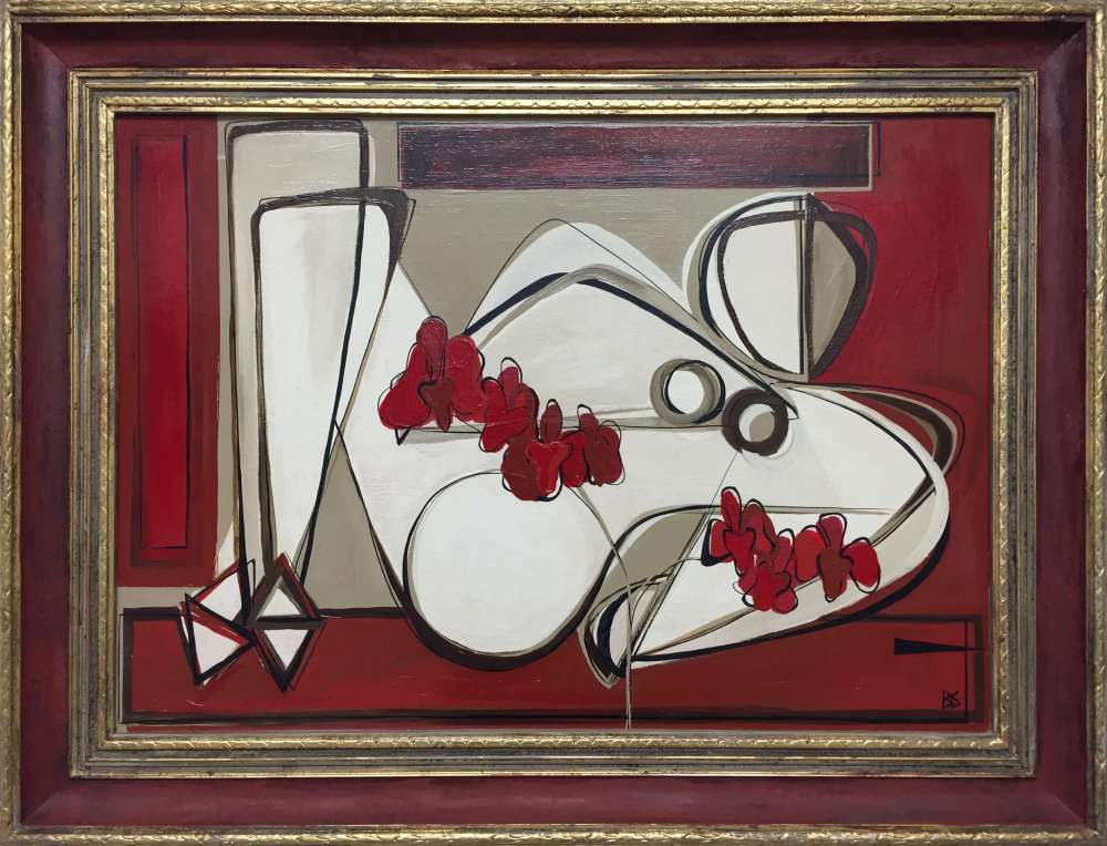 'Nude in Red Room with Trinity Orchids' Oil & Acrylic on Board in Gold and Red Frame
