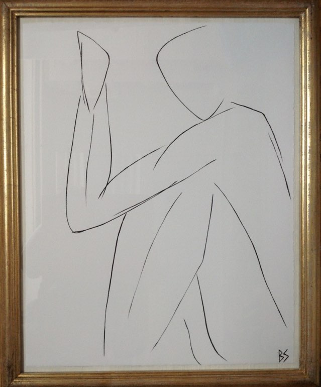 'Nude Pose' No.23 Gouache Linear on Handmade Paper in Gold Gilt Frame