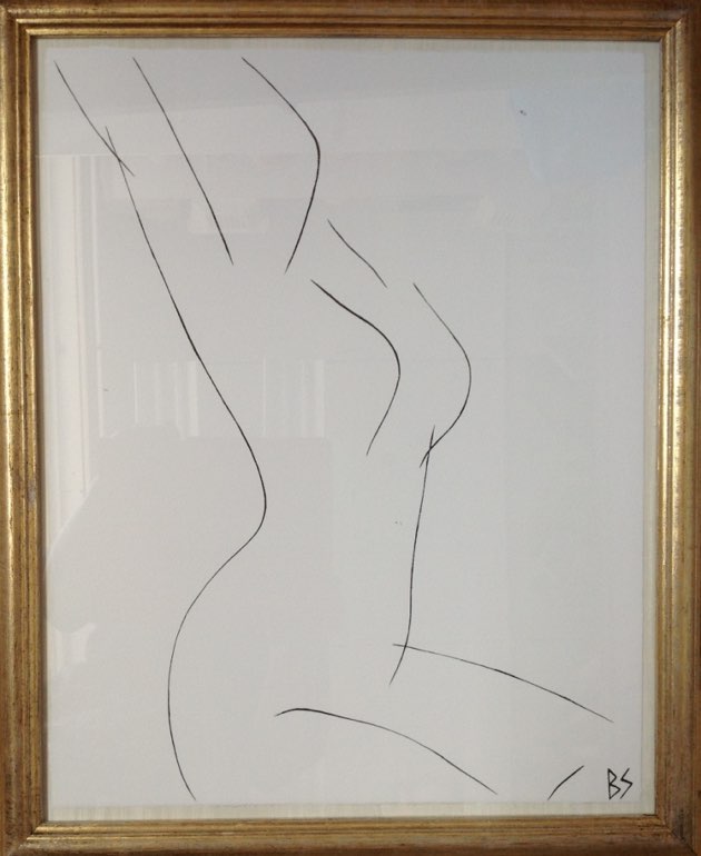 'Nude Pose' No.25 Gouache Linear on Handmade Paper in Gold Gilt Frame