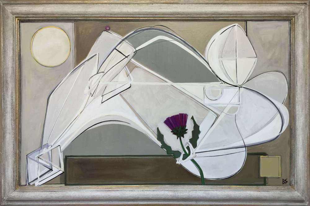 'Reclining Nude and Thistle' Oil & Acrylic on Board in Cream & Gold Leaf Frame