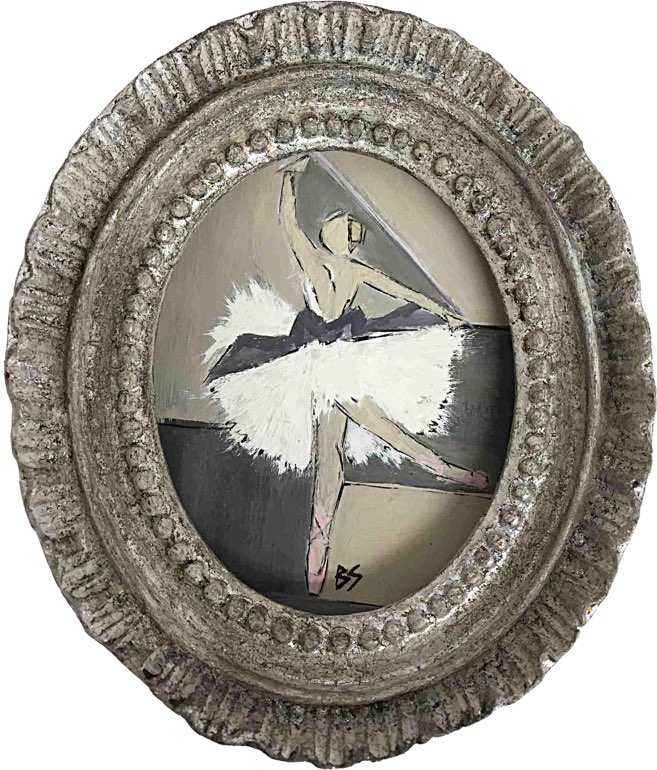 MINIATURE 'Retire En Pointe' Oil Gouache & Acrylic on Board behind Convex Glass in Ornate Oval Silver Gilt Frame