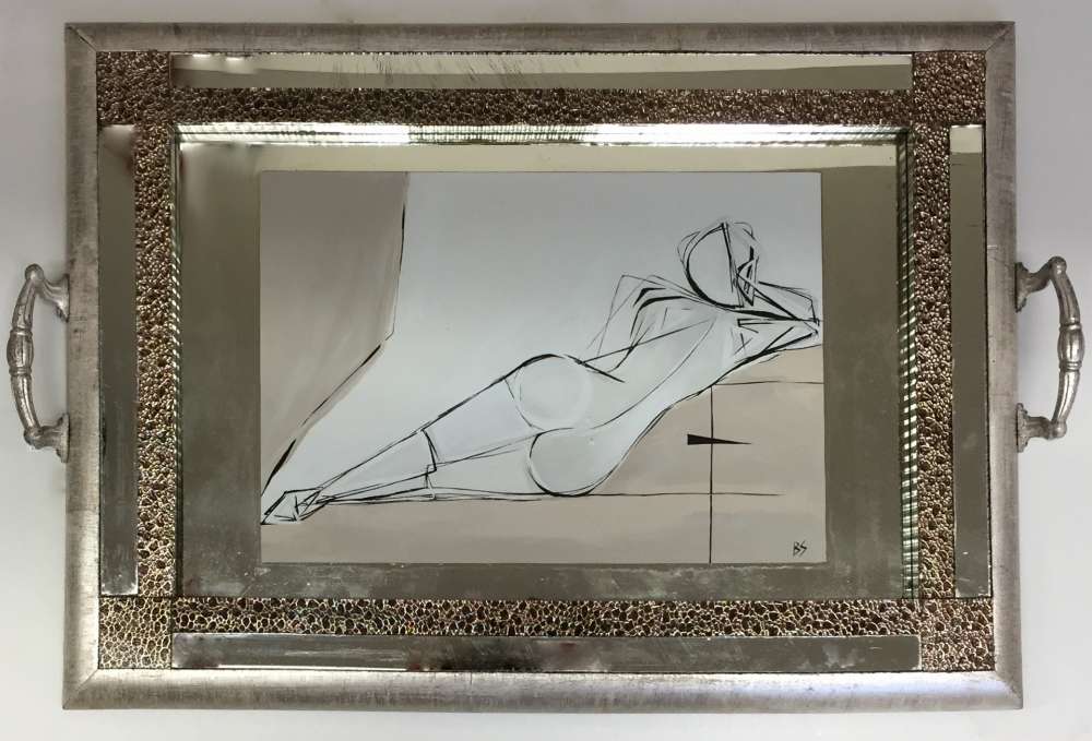 The ‘Petra’ Tray Gouache on Paper in Original Art Deco Mirror, Glass and Silver Leaf Dressing Room Tray