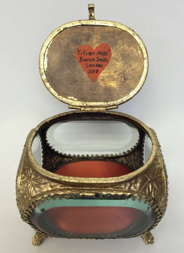 Treasure Box ‘Titian Muse’ Gouache on Paper under Cut Glass in Gold Gilt Metal Box