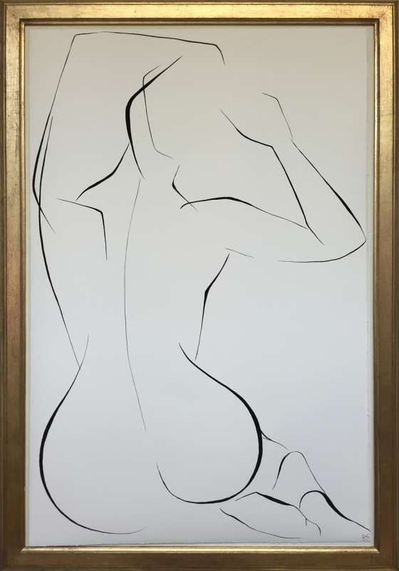 Large Linear Nude Pose No.30 Gouache on Handmade Paper in Gold Gilt Frame