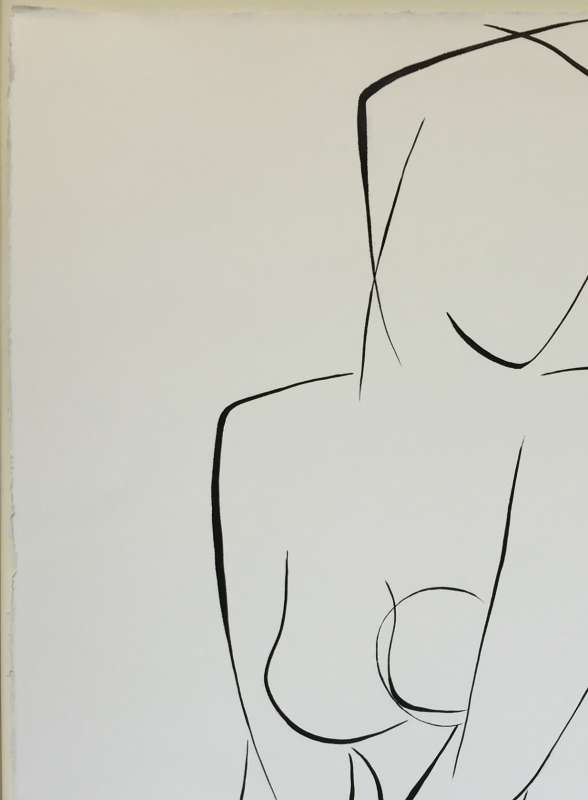 Large Linear Nude Pose No.37 Gouache on Handmade Paper in Gold Gilt Frame
