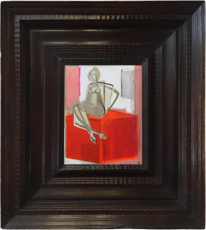 ‘Girl on Perspex Box’ Gouache & Acrylic on Board in Antique Basque Carved Oak Frame