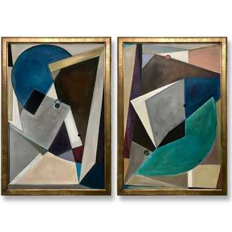 PAIR ‘Abstract Teal Moon’ & ‘Blue Abstract Crescent’ Oil & Acrylic on Board in Gold Leaf with Bronze Finish Classic English Style Frame (B1067)