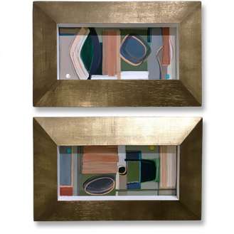 PAIR ‘Walk in the Park, Dawn’ & 'Walk in the Park, Dusk' Gouache & Acrylic on Board in Sloping wooden Bespoke Frames with Gold Leaf/Bronze Finish with Inner Gesso Side (B1077)