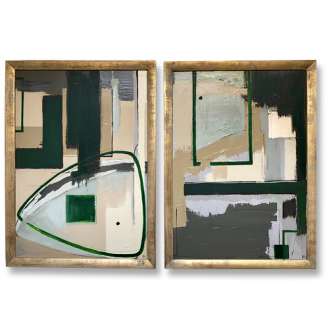PAIR 'Emerald Marsh’ 'High Tide' & 'Low Tide' Left and Right Study Oil & Acrylic on Board in Gold Gilt Frames (B606)