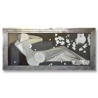 'Midnight Blossom Nude with Barn Owls' Oil & Acrylic on Board in Silver Art Deco Style Frame (B622)