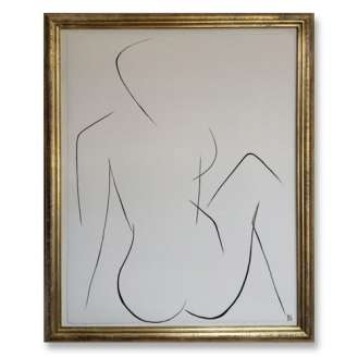'Nude Pose' No.2 Gouache Linear on Handmade Paper in Gold Gilt Frame (B679)