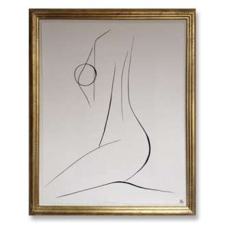 'Nude Pose' No.3 Gouache Linear on Handmade Paper in Gold Gilt Frame (B680)