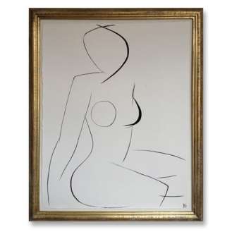 'Nude Pose' No.4 Gouache Linear on Handmade Paper in Gold Gilt Frame (B681)