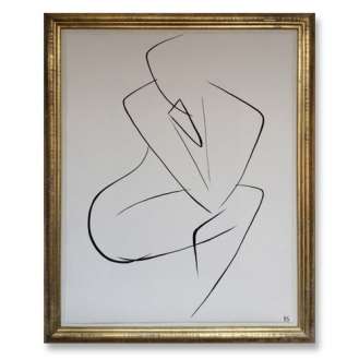 'Nude Pose' No.5 Gouache Linear on Handmade Paper in Gold Gilt Frame (B682)