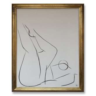 'Nude Pose' No.6 Gouache Linear on Handmade Paper in Gold Gilt Frame (B683)