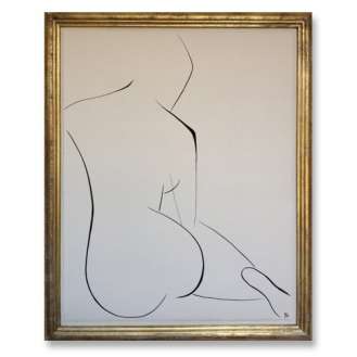 'Nude Pose' No.7 Gouache Linear on Handmade Paper in Gold Gilt Frame (B684)
