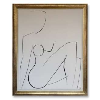 'Nude Pose' No.10 Gouache Linear on Handmade Paper in Gold Gilt Frame (B687)