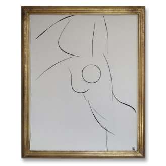'Nude Pose' No.12 Gouache Linear on Handmade Paper in Gold Gilt Frame (B689)