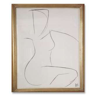 'Nude Pose' No.17 Gouache Linear on Handmade Paper in Gold Gilt Frame (B782)