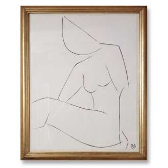 'Nude Pose' No.20 Gouache Linear on Handmade Paper in Gold Gilt Frame (B785)