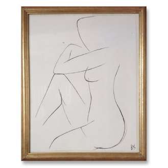 'Nude Pose' No.21 Gouache Linear on Handmade Paper in Gold Gilt Frame (B786)