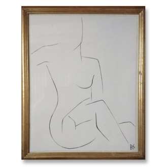 'Nude Pose' No.22 Gouache Linear on Handmade Paper in Gold Gilt Frame (B787)