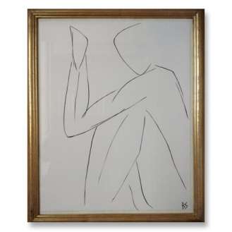 'Nude Pose' No.23 Gouache Linear on Handmade Paper in Gold Gilt Frame (B788)