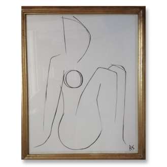 'Nude Pose' No.24 Gouache Linear on Handmade Paper in Gold Gilt Frame (B789)