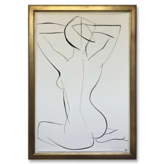 Large Linear Nude Pose No.33 Gouache on Handmade Paper in Gold Gilt Frame (B939)