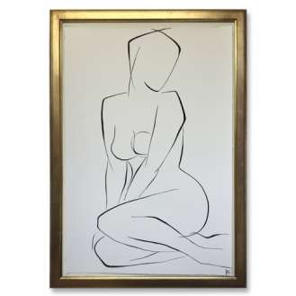 Large Linear Nude Pose No.37 Gouache on Handmade Paper in Gold Gilt Frame (B943)