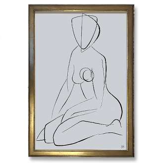 Large Linear Nude Pose No.38 Gouache on Handmade Paper in Gold Gilt Frame (B944)