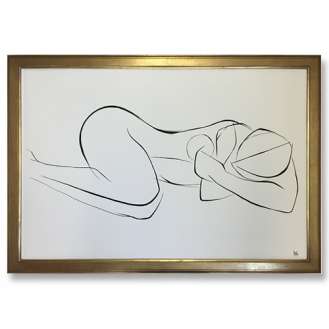 Large Linear Nude Pose No.39 Gouache on Handmade Paper in Gold Gilt Frame (B962)