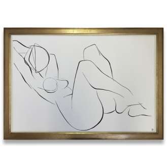 Large Linear Nude Pose No.40 Gouache on Handmade Paper in Gold Gilt Frame (B963)