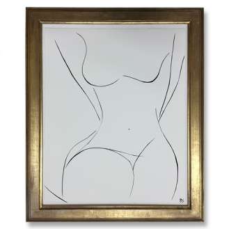 'Nude Pose' No.41 Gouache Linear on Handmade Paper in Gold Gilt Frame (B977)