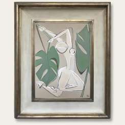 ‘Philodendron Dancing Muse’ Acrylic and Gouache on Board in Cream & Gold Finish Wooden Frame (B1083)