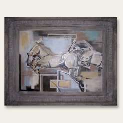 'Racing Horses' Oil and acrylic on board in antique frame (B186)