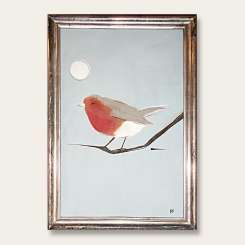 'Midnight Robin' Gouche & Watercolour on Paper in Antique Silver Water Gilt Frame (B485)