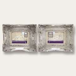 PAIR 'Nude in Midnight Snowglobe' Left & Right Study, Gouache & Silver Leaf on Board in Silver Gilt Frames (B503)