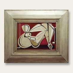 'Reclining Nude in Red Room' Oil & Acrylic on Board in Modern Cream and Gold Cushion Frame (B514)