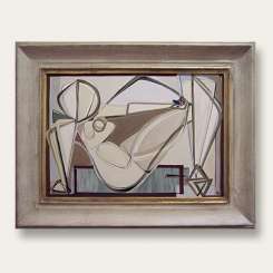 'Reclining Nude with Blue Butterfly' Oil & Acrylic on Board in Antique Gesso Frame (B535)