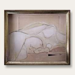 'Mother and Baby Girl' Goauche on Board 1950s Cream & Gold frame (B571)