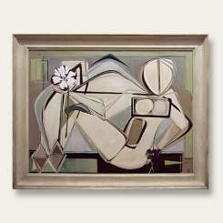 'Reclining Nude with Spring Flowers' Oil & Acrylic on Board in Antique Cream & Gold Wooden Frame (B572)