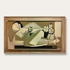 'Daphne Reclining with Rose Tulips' Oil & Acrylic on Board in 1970s Frame in Cream & Gold Finish (B625)