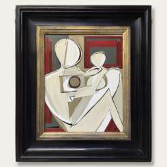 'Mother & Child' Oil & Acrylic on Board in Gold & Black Lacquer Wooden Frame (B637)