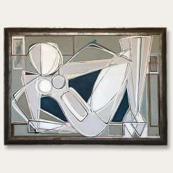 ‘Reclining Muse in Moss and Petrel Blue’ Oil & Acrylic on Board in Bronze & Silver Finish Frame (B708)