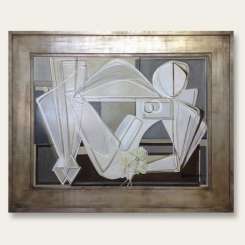 'Victory and the Golden Flower' Oil & Acrylic on Board in Deco Style Antiqued Silver Leaf Frame (B739)