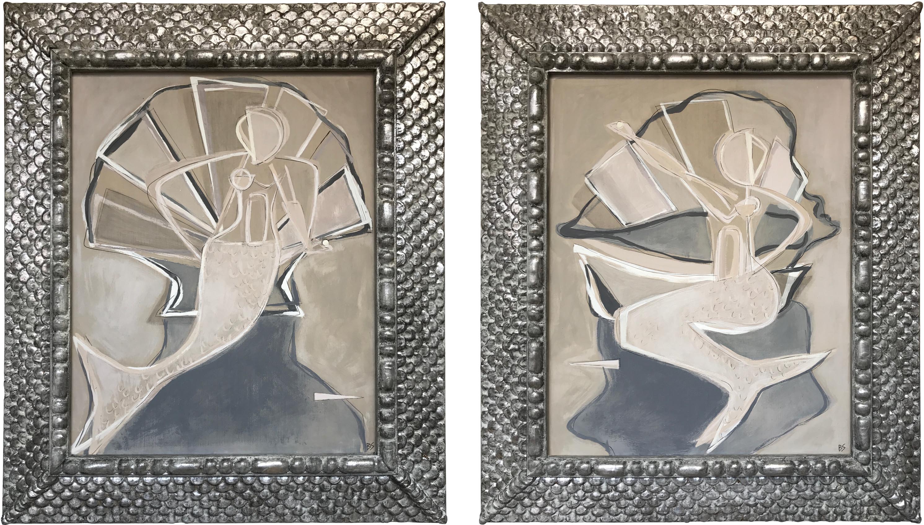 PAIR ‘Mermaid with Pearl’ L & R Study Acrylic & Gouache on Board in Carved Wood Fishscale Silver Gilt Frames
