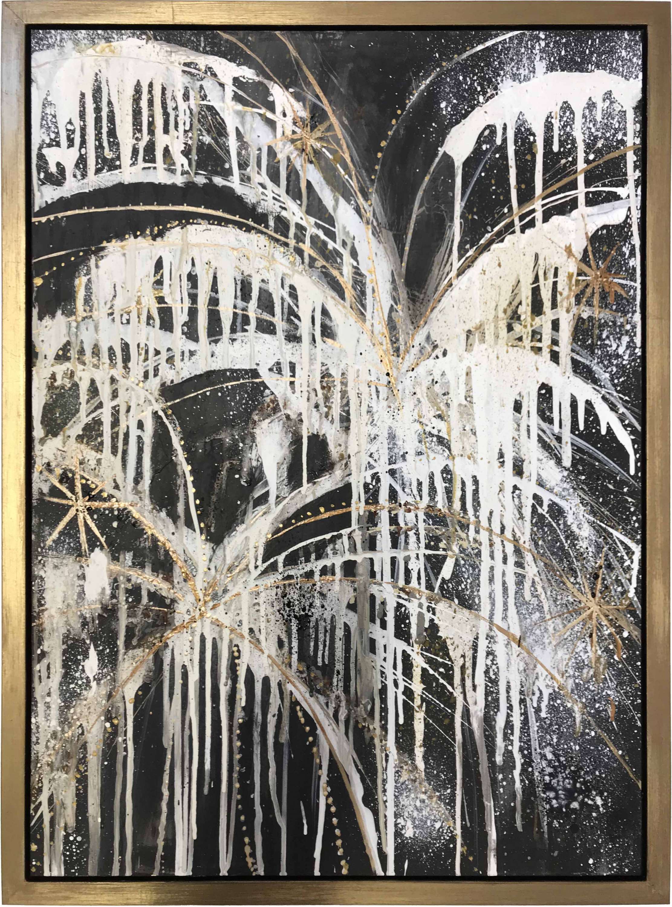 PAIR ‘Fireworks Diptych’ Oil & Acrylic on Board in Gold Gilt & Bronze Finish Shadow Gap Tray Frame