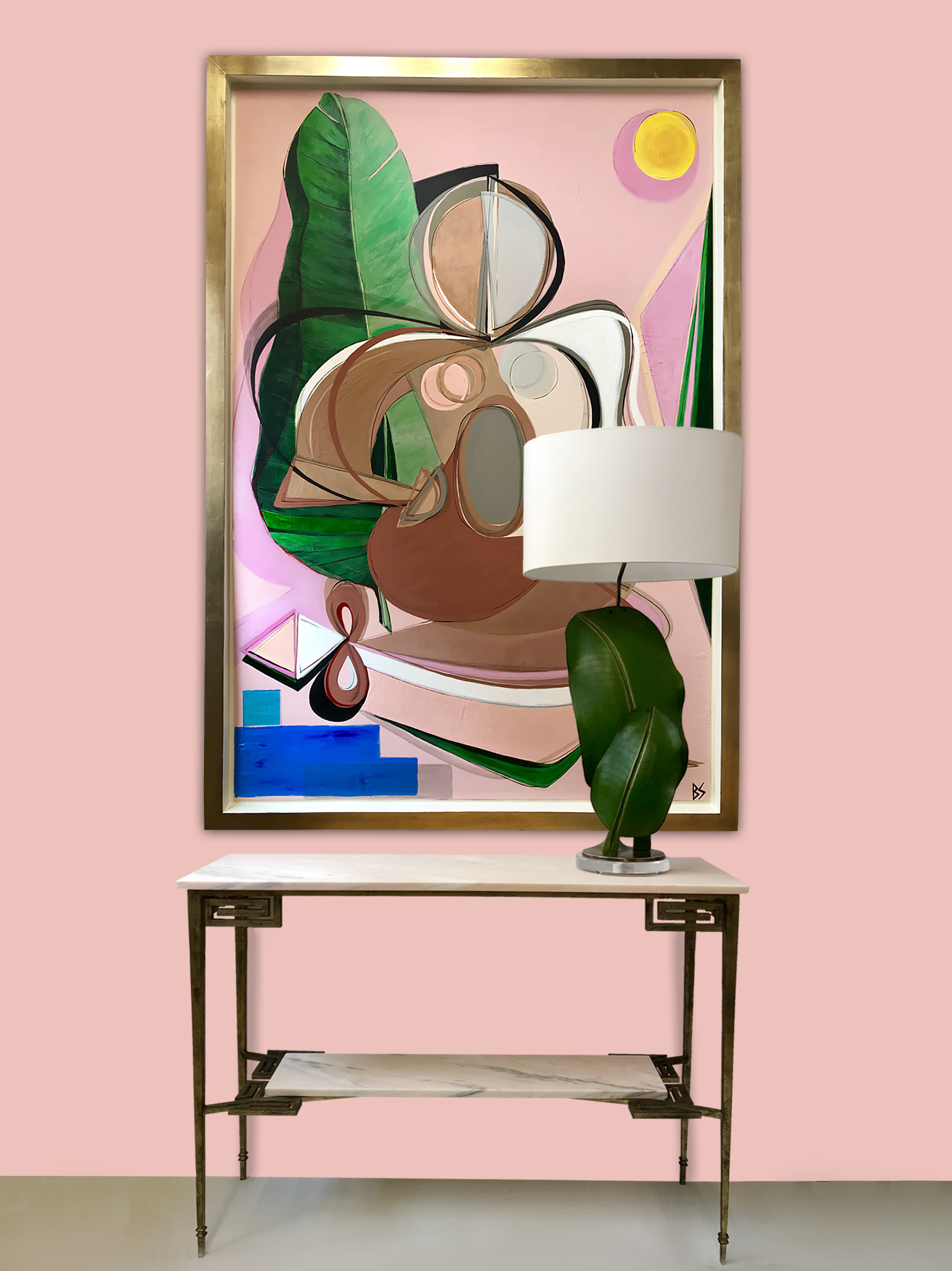 ‘Tropicana Muse’ Oil & Acrylic on Board in Bespoke Gold/Bronze Finish Shadow Gap Tray Frame